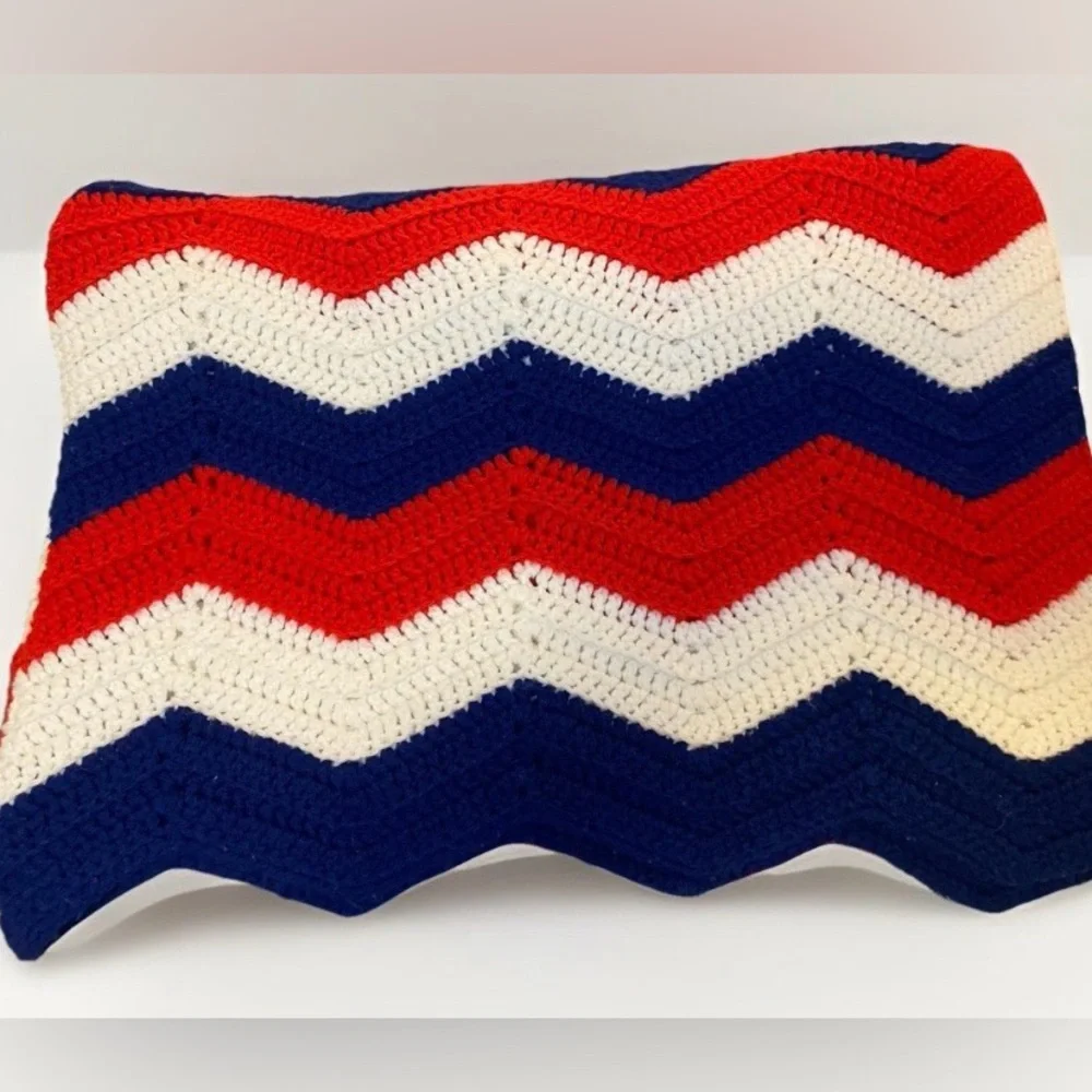 Handmade Crochet Americana Chevron Afghan Blanket Red, White & Blue 6’ X 4’ - Picture 1 of 2